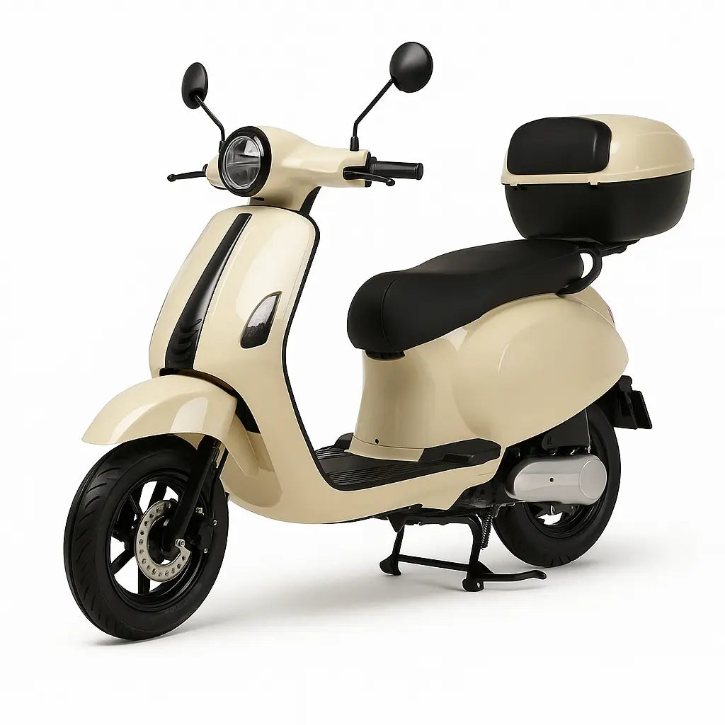 Scuter Electric N-Moto EL3 Bej – Motor Bosch 1000W, Dimensiuni 1760×540×1130mm, Greutate 65Kg, Viteză Max. 45 km/h, Autonomie 60 km, Baterii 72V, APP, GPS, Carte RAR (C.I.V) + CADOU Tricou N-Moto